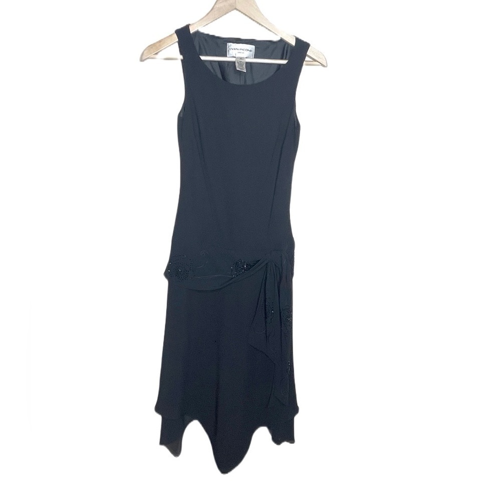 evan picone black beaded detail drop waist sleeveless chiffon side tie dress